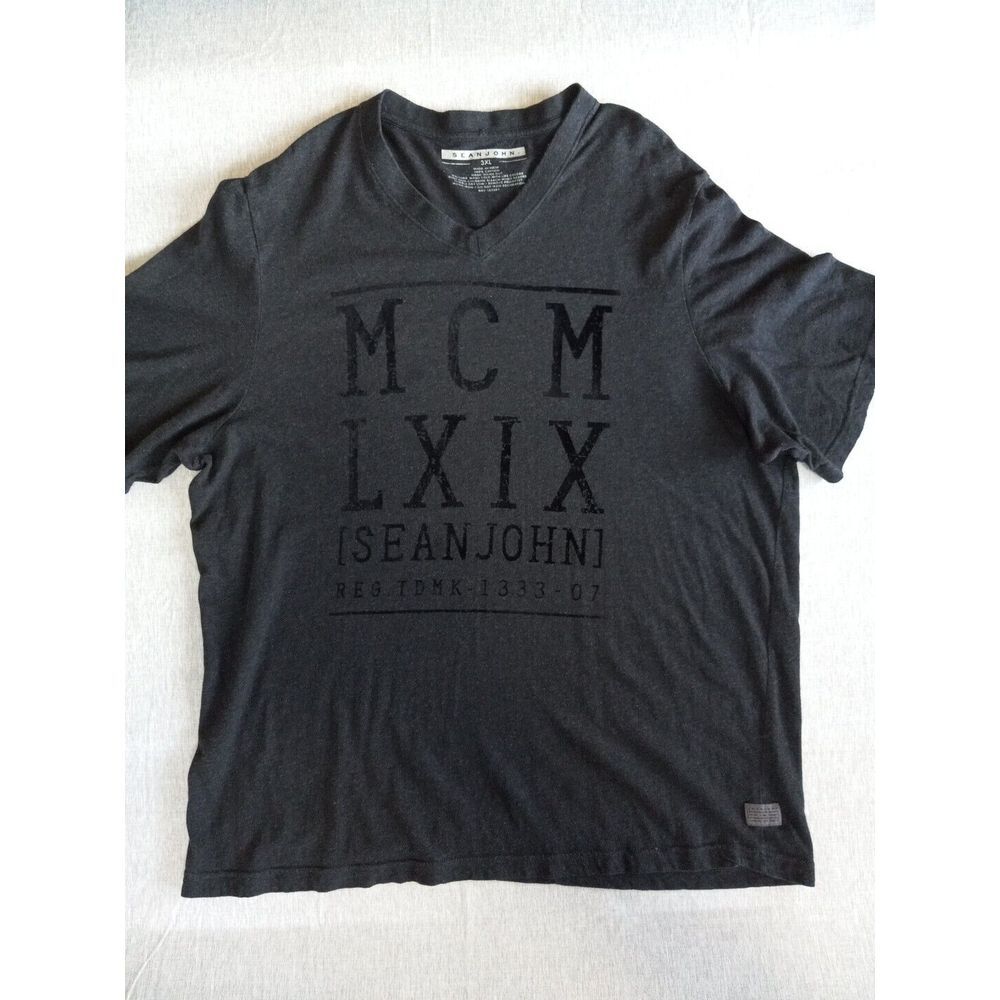 Sean John Men's 3XL Art Printed V-Neck Pullover Black Short Sleeve T Shirt